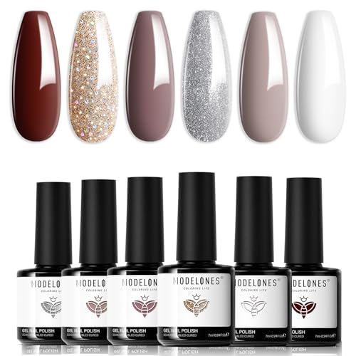 Image of modelones Gel Nail Polish Set 6 Colors Fall Winter White Nude Brown Gel Polish Maroon Burgundy Red Champagne Gold Silver Tan Nail Art Design Kit Basic Soak Off Manicure Salon DIY Gift for Women Girls