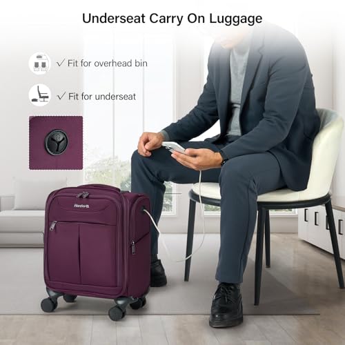 Image of Hanke 45CM Small Soft Shell Cabin Trolley Bags, 8 Silent Spinner Wheels,Charging Port, 8 Storage Compartments, Lightweight Compact Carry-On Luggage for Short Trips & Overnight Use,Purple