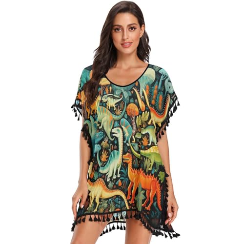 Abstract Art Colorful Dinosaurs Women's Beach Cover Up Chiffon Tassel Swimwear Swimsuit Coverups for Girl