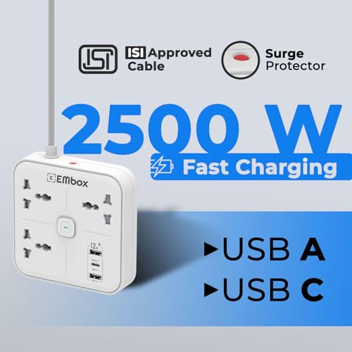 Image of Embox Extension Board with 5 Meter Cable | USB Ports 2 QC 1 PD and 3 Universal Sockets | Extension Cord with Overload Protector | 2500W Extension Board with Switches Safety Shutter LED Indicator
