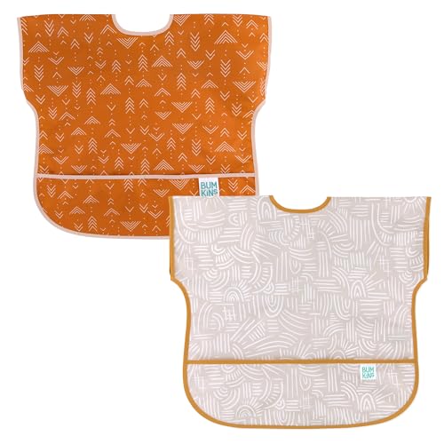 Image of Bumkins - Junior Bib - For Boys & Girls, Toddlers & Kids 1-3 Years - Lightweight, Durable, Waterproof - Short Sleeve Bib - Catch-All Pocket - Wipeable & Machine Washable - Desert Boho - 2 Pack