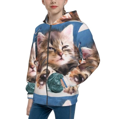 Playful Cat Kids Pullover Hoodies Boys Zip Up Sweatshirts Girls Athletic Clothes with Pocket