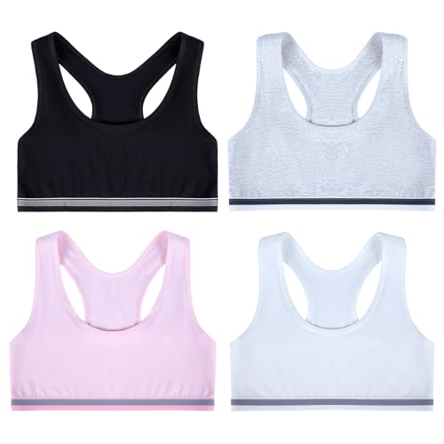 Lancry 4 piezas de camisetas cortas para niñas de 7 a 14 años, camisetas cortas de algodón suave para niñas, sin acolchado, con espalda cruzada, primeras camisetas deportivas para niñas, sujetadores