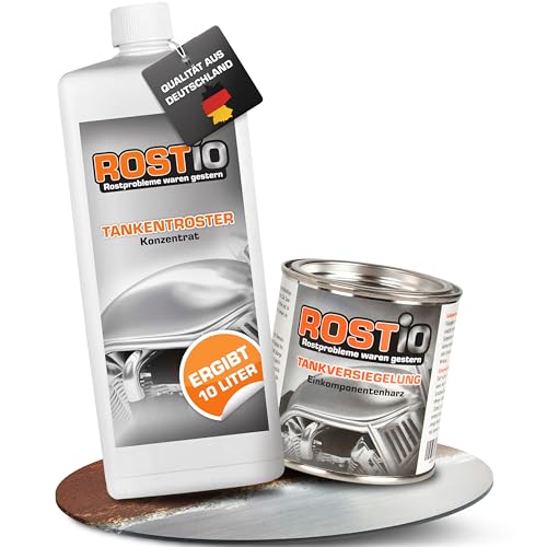 Rostio Tankentroster-Set 1L – inkl. 250ml Tankversiegelung – hochergiebig (1:10) – für Tanks bis 10L – Rostentferner & Korrosionsschutz – ethanolfest & flexibel – Set zur Tanksanierung