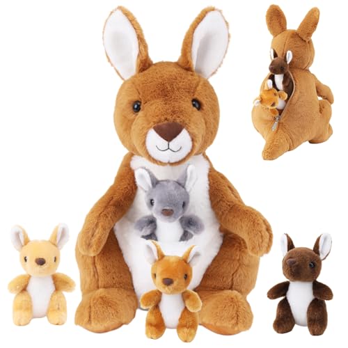 5 PCS Kangaroo Stuffed Animal, 16 Inches Mommy Stuffed Kangaroo Plush with 4 Babies Insides, Kangaroos Plushies with Pouch and Joey Plush Toys in Zipper for Kids Birthday Gift Christmas Party Favors
