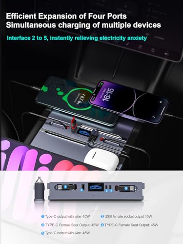 4-Port USB Hub Fast Charger for Tesla Model 3, Model Y Juniper 2025-2026, Retractable Multi-Device Charging Station with Type-C PD 45W, Vehicle-Specific Design - Image 4