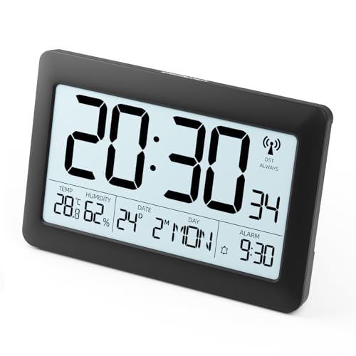 LATEC Reloj de Pared Digital con 7,5’’ LCD Pantalla, Reloj de Mesa con Ondas de Radio y Función DST, Reloj de Escritorio con Calendario, Temperatura, Retroiluminación y Semana(7 Idioma), Negro