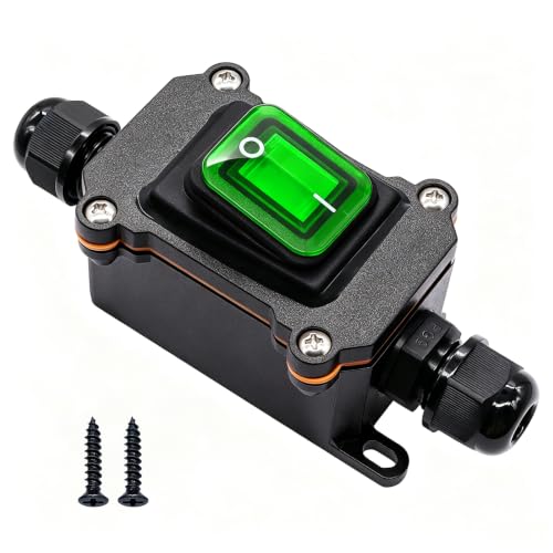 IP67 Waterproof Inline Cord Switch 12V DC 20A DPST 4Pin 2 Position On Off Outdoor Toggle Switch with Green Light Rocker Button,Two-Side Entry &amp; Exit Line
