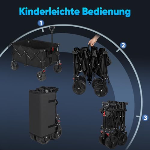 Sekey XXL Plus Bollerwagen Faltbar mit Bremsen 200L 200KG Belastbar, Extra Breite Reifen All Terrain Bollerwagen, Patentiert Zusammenfaltbar aus Vier Richtungen, XXL-PlusB 4011, Schwarz