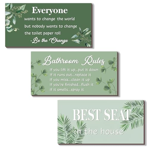 DONFENTHY 3 Pcs Green Bathroom Rules Decor Sage Farmhouse Wooden Best Seat in The House Wall Art Green Toilet Bathroom Accessories(10x5")