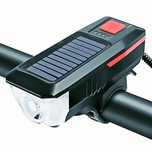Bike Lights for Night Riding,Solar Charging Bicycle Light 3 Modes LED Road Mountain Bike Front Light Waterproof Bicycle Bell Light USB Rechargeable Headlight (Red)