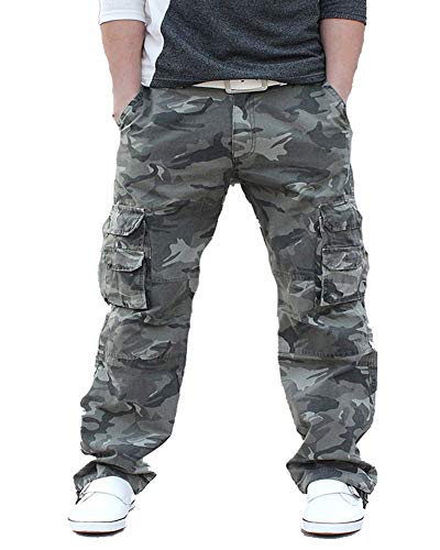 Homme Adultes Combat Pantalons Treillis Militaire Cargo Pantalon de Travail Multi Poches Coton Camouflage en Vrac Loisir Gris 32