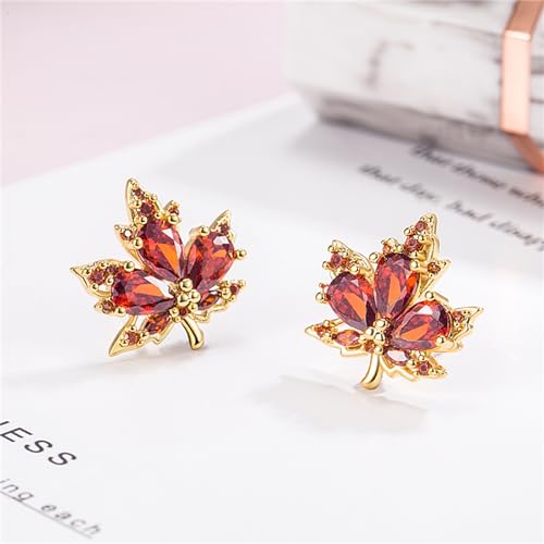 Maple Leaf Earrings for Women Elegant Handmade Fall Hot Red Orange Plant Leaves Earrings Sparkly Crystal CZ Studs Earrings for Autumn Thanksgiving Day Party Holiday Trendy Jewelry4