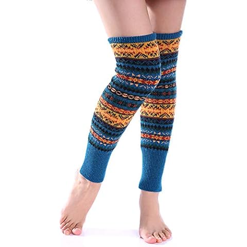 Women Bohemian Knit Long Leg Warmers Over Knee Ankle Warmer Cover Boot Cuffs - blue - One Size Cover
