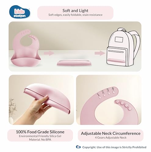 Image of Kids Station 8-Piece Silicone Baby Feeding Set | Suction Bowl, Plate, Bib, Cup, Spoon & Fork | 100% Food Grade BPA-Free Silicone | Non-Slip, Easy to Clean (Pack of 8, Pink)