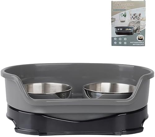 Stainless Steel Double Bowls for Dogs & Cats, Non-Slip Tray
