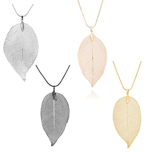 4 Pièces Feuille Pendentif Long Collier, Pendentif Long Feuille de Couleur Collier, Fait Main Bijoux de bohème en Filigrane, Long Collier pour Les Femmes, Collier...