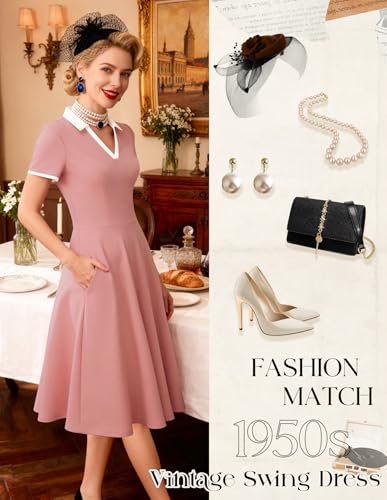 Image of Dressystar Women's 1950s Vintage Swing Dress Short Sleeve V Neck A Line Retro Rockabilly Cocktail Party Dresses With Pockets