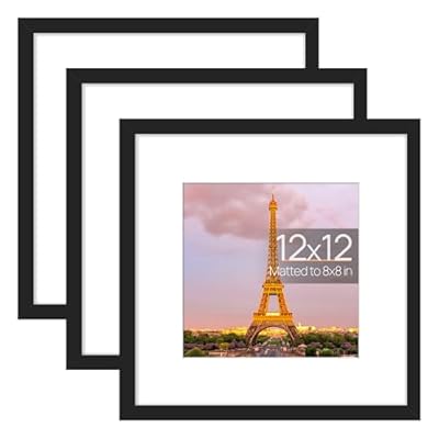 upsimples 12x12 Picture Frame Made of High Definition Glass, Display Pictures 8x8 with Mat or 12x12 Without Mat, Gallery Wall Frame Set, Black