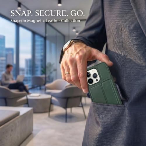 Image of amazon basics Luxury Vegan Leather Back Cover for iPhone 14 Pro | Built-in Card Holder Slot | Integrated Mobile Stand | Slim Shockproof Protective Case with Stitched Finish - Green