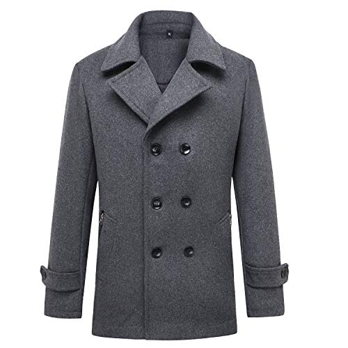 Men's Notched Collar Wool Blend Pea Coats Double Breasted Classic Military Jacket,with Zipper Pockets Grey Medium