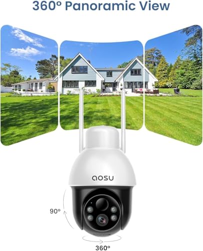 aosu Solar Security Camera Wireless Outdoor with Panoramic PTZ, Human Auto Tracking, 2K Night Vision, Light and Sound Alarm, 2-Way Audio, Compatible with Alexa/Google Assistant