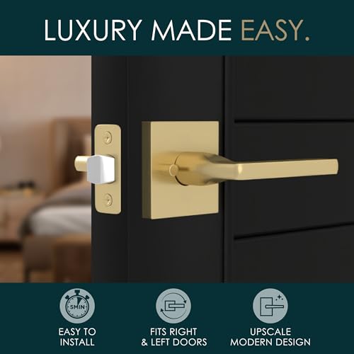 Image of Mega Handles Privacy Door Lever Handle Interior for Bedroom and Bathroom Prime Heavy Duty Keyless Reversible Door Levers, Modern Square Design, Hidden Screws, Zinc Alloy - Satin Brass (1 Pack), 5 inch