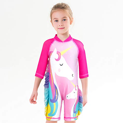 Baby Girl One Piece Swimsuit Sunsuit Long Sleeve Swimwear Rash Guard Toddler Kid Unicorn Bathing Suit Zip With Hat (3 Years/90) Pink #TOP2