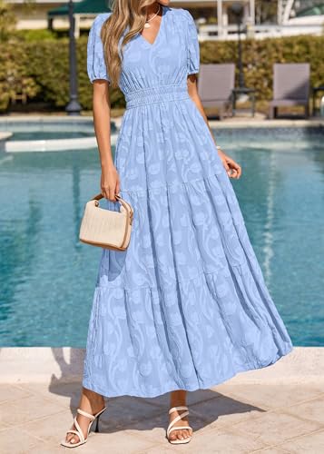 Image of KIRUNDO Summer Dresses for Women 2026 Boho Flowy Casual Short Sleeve V Neck Elastic Waist Floral Long Baby Shower Maxi Dress