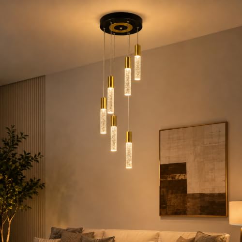 Image of Lamp master Bubbleora 6-Light Crystal Bubble LED Pendant Light, Modern Hanging Ceiling Light with 3 Color Options, Antique Gold Finish, Adjustable Height for Living Room, Bedroom & Dining Room