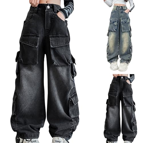 Girls Jeans Elastic Waist Wide Leg Pants Kids Jeans Y2K Streetwear Joggers Hip Hop Pants (A2-Blue, 15-16 Years)
