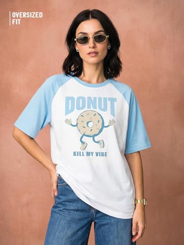 Image of JUNEBERRY 100% Pure Cotton Oversized Fit Drop Shoulder Graphic Printed Raglan Sleeves Boyfriend T-Shirt for Women (Sizes: S to 2XL)