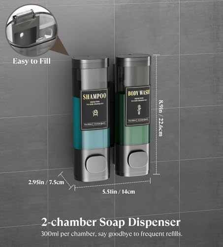 Image of Luxspire Shampoo and Conditioner Dispenser, Shower Soap Dispenser 2-Chamber | Lockable Large Capacity 600ml No-Drill Wall-Mounted Shampoo and Body Wash Dispenser for Bathroom Hotel Kitchen Airbnb