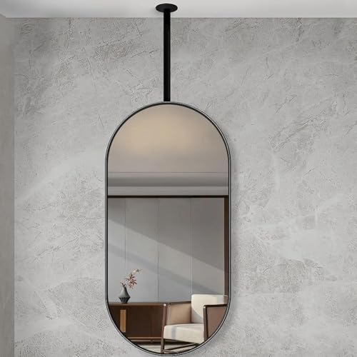 Specchio ovale a soffitto, specchio a parete con struttura metallica e asta della sospensione, specchio di trucco della vanità del bagno della casa o dell'hotel,Black-40cmx60cm