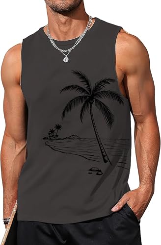 Hawaiian Shirt for Men Beach Tank Tops Beach Palm Trees T Shirt Summer Short Sleeveless Tank Tops