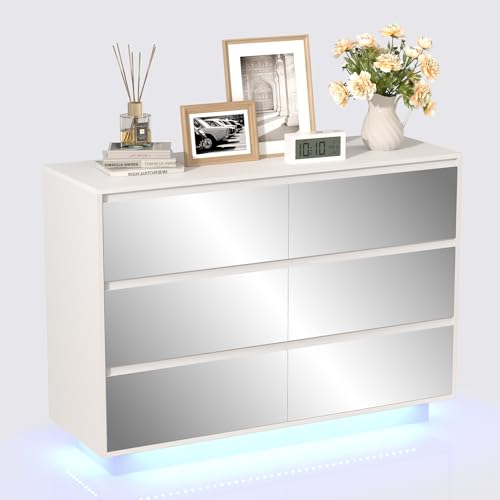 UEV Armoire de Rangement avec 6 Tiroirs, Commode avec Miroir 100cm, Grand Capacité de Stockage,...