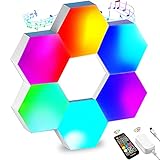 Hexagon Lights RGB Sync with Music, Smart LED Wall Lights with RF Remote Built-in Mic,16 Million Colors Modular Light Panels DIY Geometry Splicing Night Light for Gaming Setup/Bedroom/Bar/Cafe, 6 Pack
