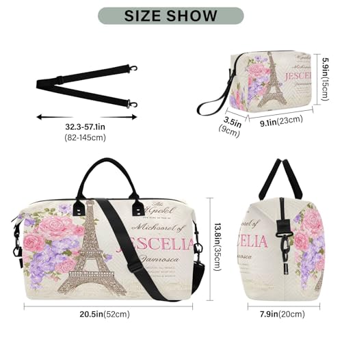 Eiffel Tower France Flower Elegant Large Travel Duffle Bag Weekender Overnight Bags Gym Yoga Bag for Women Men with Toiletry Bag3