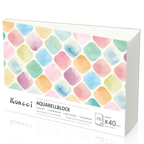 Koncci Aquarellpapier A5, 40 Blatt Aquarellblock, Kaltgepresst...