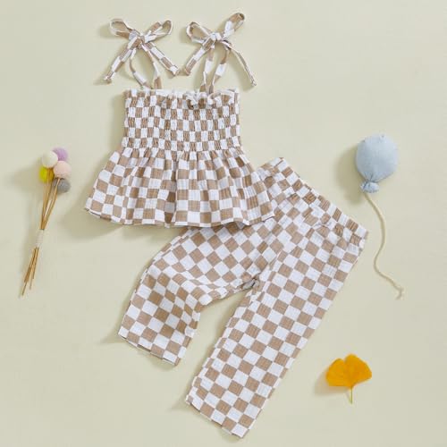 Image of Thorn Tree Toddler Girl Clothes Plaid Printed Sleeveless Pleated Camisole Linen Pants Set Baby Summer Outfits