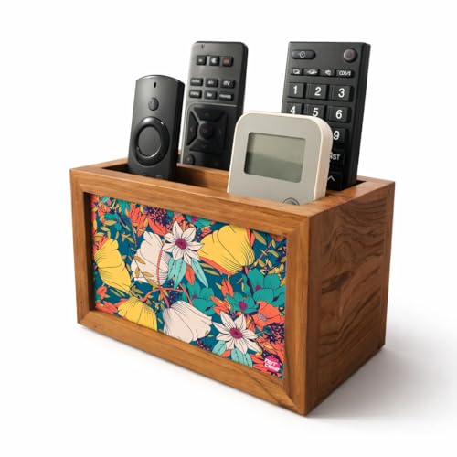 Image of Nutcase Designer Wooden Stationery Remote Stand for Home - Remote Control Holder Organizer Caddy for TV /AC Remotes-Multipurpose Desk Organiser (Teak Wood Floral Design 1), Multicolor