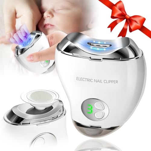 Automatic Electric Nail Clipper with LED Light & Nail File, 3 Speeds LCD Digital Display, Nail Clip Storage, USB Rechargeable Safety Fingernail Trimmer for Baby, Kids, Seniors, Caregivers (White)