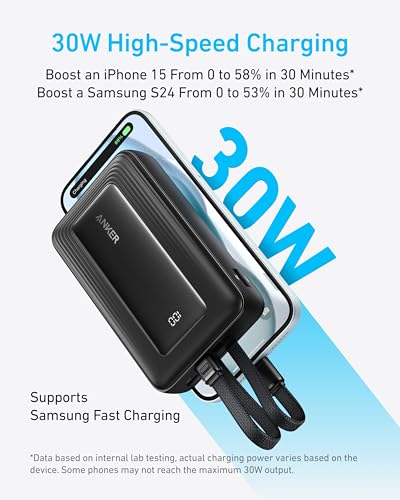 Image of Anker Zolo Power Bank, 20,000mAh 30W Max Fast Portable Charger with Built-in USB-C and MFi Certified Lightning Cables, USB-C&A, Battery Pack for iPhone 16 /15 Series, MacBook, Galaxy (Black)