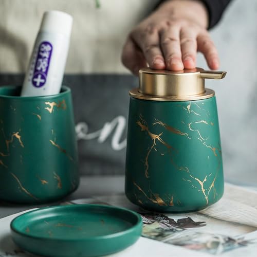 Image of Ceramic Bath Accessories Set of 3 (Luxe Green) - 400ml Soap Dispenser, Tumbler & Soap Dish, Green with Gold Marble Design, Bathroom Countertop Organizer for washbasin