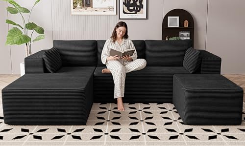 106' Cloud Sectional Boneless Couches for Living Room, Modular U Shaped Couch with Deep Seat, Removable Ottoman, Memory Foam Compressed Spineless 4 Seater Sofa for Bedroom Apartment, Black