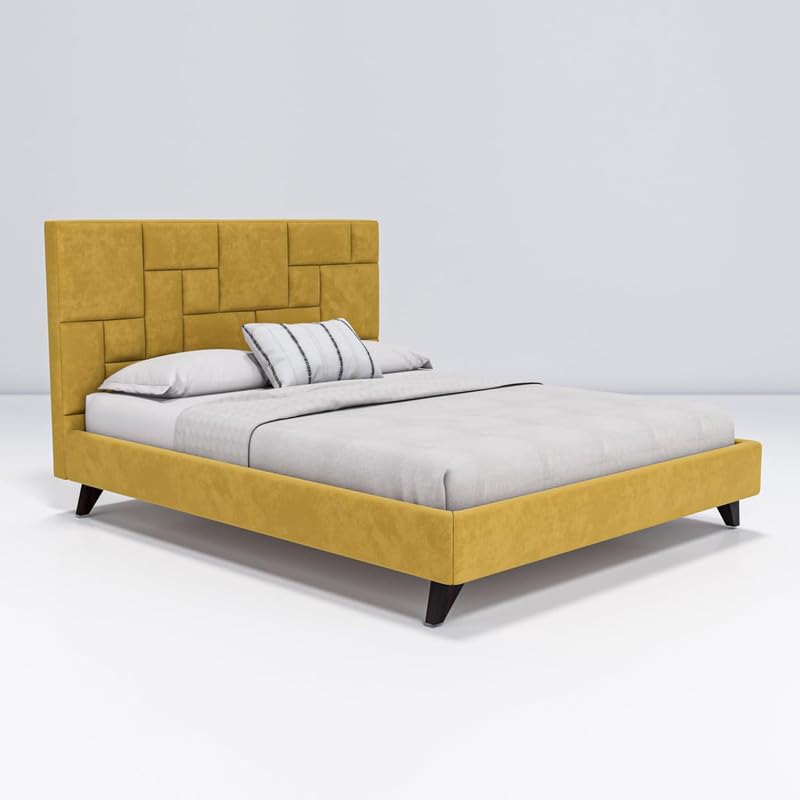Image of Amazon Brand - Solimo Wood Cube Queen Size Bed with Fabric Upholstery | Modern Wooden Double Bed Without Storage Cot Platform Furniture for Bedroom and Livingroom | 6.5 x 6 Feet (Yellow)