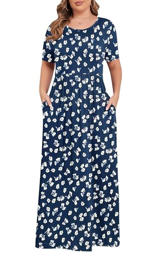 Image of KARALIN Women Plus Size Maxi Dress Short Sleeve Round Neck Loose Fit A-Line | Plus Size Long Dress,Summer Casual Maxi Dresses,Short Sleeve,Side Pockets,Round Neck,Elastic Waist,14 Plus - 26 Plus