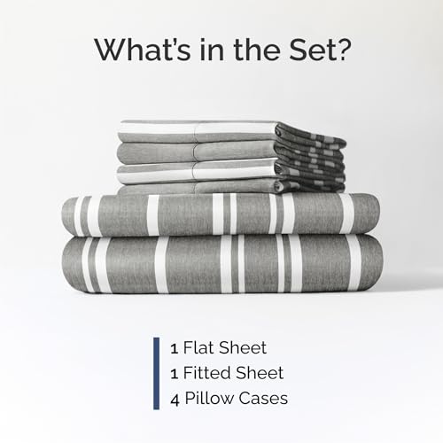 Image of Cal King 6 Piece Bed Sheet Set - Breathable & Cooling Sheets - Grey Stripes | Ultra-Soft Hotel Luxury Bedding Set with 8-16 Inch Deep Pockets, 1 Flat & 1 Fitted Sheet & 4 Pillowcases, Wrinkle & Fade Free
