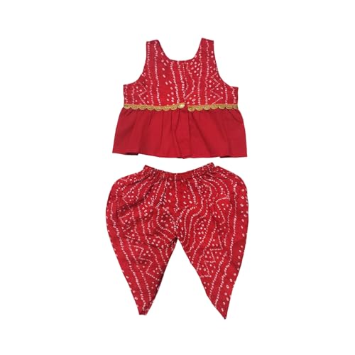 Image of The Root And Craft Kids Birthday Photoshoot Outfit Dress Girls Bandhani printed Top With Dhoti pant & Hairband Born Baby Photography Photoshoot Props(0to 18 Month)