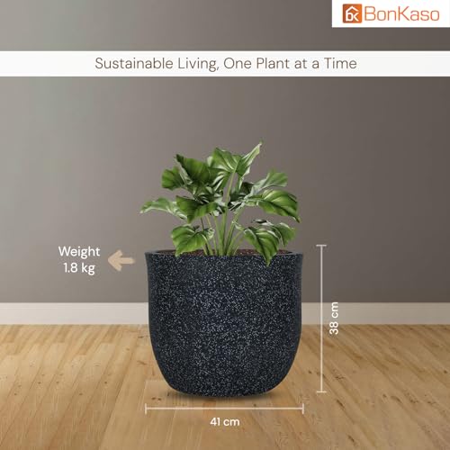 Image of BonKaso 16 inch Dark Grey Pot - Tall, Durable & Lightweight Polymer Jaguar Round Planter for Indoor & Outdoor Use: Home, Office, Garden & Balcony (Gamla /Gamale)